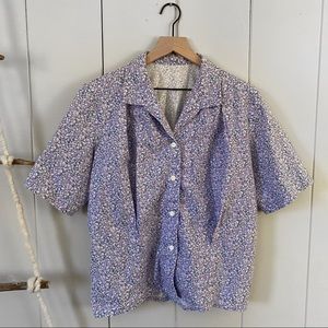 Vintage Purple Floral Button Up Short Sleeve Top